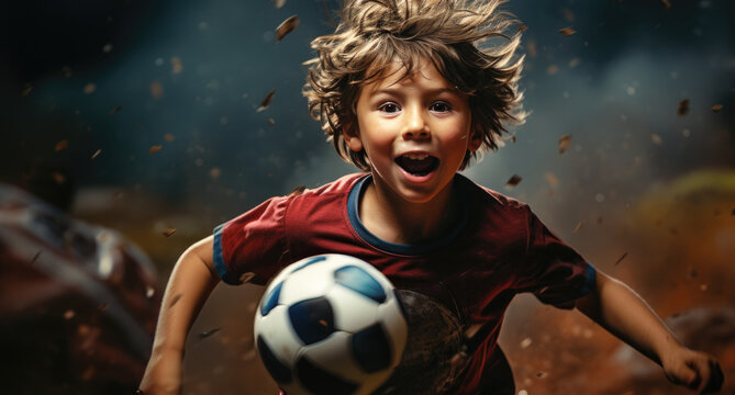 young boy playing soccer with the ball - Powered by Adobe