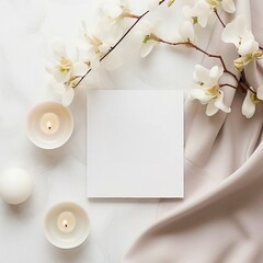 white invitation card with orchid flowers and candles, wedding invitation concept