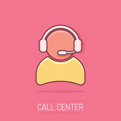 Vector cartoon operator with microphone icon in comic style. Operator in call center sign illustration pictogram. People business splash effect concept.