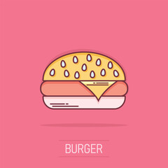 Vector cartoon burger fast food icon in comic style. Hamburger sign illustration pictogram. Burger business splash effect concept.