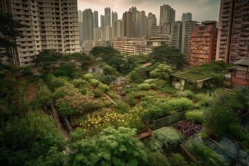 Obraz premium Garden city park. Abandoned neighborhood covered with plants houses. Generate AI