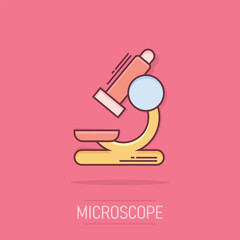 Vector cartoon microscope lab icon in comic style. Microscope sign illustration pictogram. Chemistry discovery business splash effect concept.