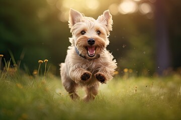 Happy and energetic dog enjoying outdoors. Cute and playful puppy purebred terrier runs and jumps in green meadow expressing pure happiness and excitement - obrazy, fototapety, plakaty