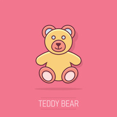 Vector cartoon teddy bear plush toy icon in comic style. Teddy toy sign illustration pictogram. Bear business splash effect concept.