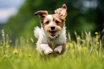 Happy and energetic dog enjoying outdoors. Cute and playful puppy purebred terrier runs and jumps in green meadow expressing pure happiness and excitement