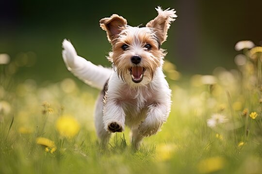Happy and energetic dog enjoying outdoors. Cute and playful puppy purebred terrier runs and jumps in green meadow expressing pure happiness and excitement