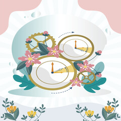 This illustration  shows a clock with flowers and gears. The clock is a symbol of time, and the flowers are a symbol of beauty. 