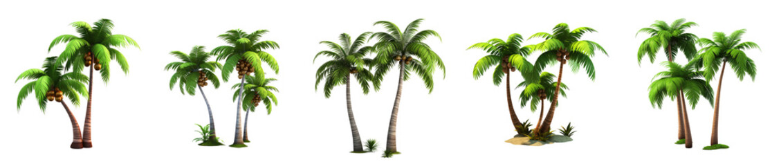 Set of 3d cartoon clipart palm tree branches isolated on white and transparent background