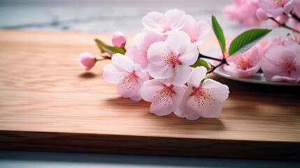桜のアップ、テーブル上のピンクのサクラの花