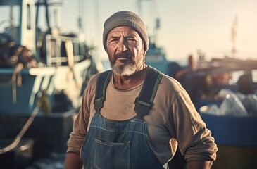 Old fisherman portrait on seaport boat. Angling sea professional fisher in coastal harbor. Generate ai - obrazy, fototapety, plakaty