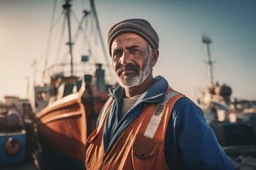 Old fisherman in uniform posing on fishing boat background. Aged angling professional worker in maritime seaport. Generate ai - obrazy, fototapety, plakaty