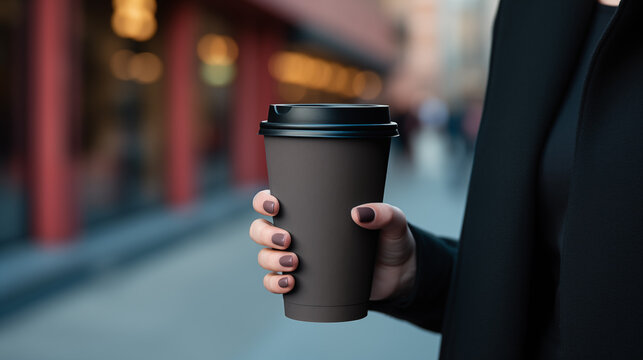 Black paper cup with coffee in woman hand. Time for drink coffee in city. Coffee to go. Enjoy moment, take a break. Disposable paper cup closeup. Delicious hot beverage. Mockup. Generated AI