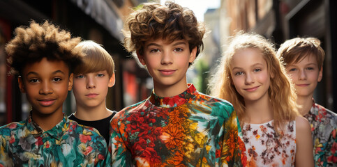 a group of young smiling kids standing next to each other in their fashion t-shirts - Powered by Adobe