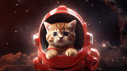 Kitten with space helmet on plushy red rocket