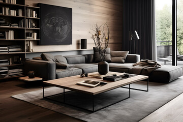 Obraz na płótnie Canvas Big grey and cozy corner sofa in modern living room with big coffee table in dark and wooden colors 