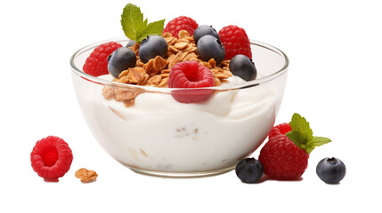 Fresh yogurt bowl with granola, raspberries, and blueberries for a healthy breakfast - transparent background