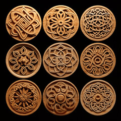 Celtic Wooden Mandalas Collection: Circular Patterns with Intricate Wood Carving - Woodworking Ornamentation, Isolated on Transparent Background. Generative AI