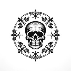 minimalistic round logo emblem symbol with a black skull on white isolated background