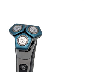 Electric shave machine for men, isolated on white with copy space. Electric shaver. Close-up view.