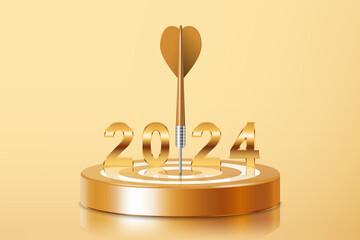 2024 golden small number on gold dartboard with big dart hit to center. Arrow on bullseye in target. Business investment goal, idea challenge, objective strategy, year focus concept illustration