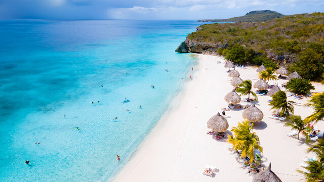 Cas Abao Beach Playa Cas Abao Caribbean island of Curacao, Playa Cas Abao in Curacao a white beach with a blue turqouse colored ocean Drone aerial view