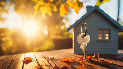 Key next to a new house, buy house concept.