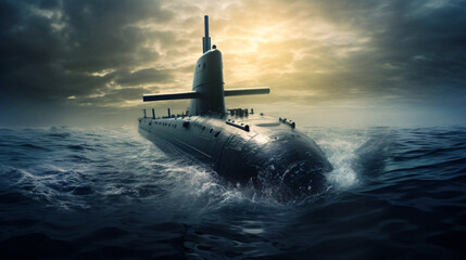 Military submarine on the sea - obrazy, fototapety, plakaty
