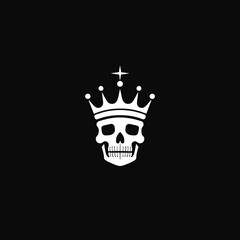 minimalistic logo emblem symbol with white skull king in a crown on a black isolated background