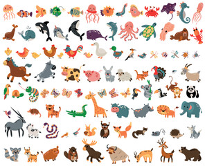 A large set of animals. Farm animals, forest animals, safari animals and marine animals. 