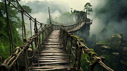 Old wooden suspended bridge