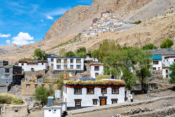 views of kaza town in spiti valley, india