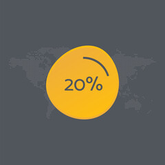 20 percent chart. Vector symbol. Percentage infographic sign. Dotted world map background. Illustration, icon for business, finance, progress, report, web design, download