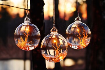 glass balls hanging on a tree branch, Christmas decoration for New Year holidays, winter season