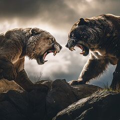 Obraz premium A dramatic encounter between a powerful grizzly bear and a swift, agile mountain lion in a rugged, rocky landscape