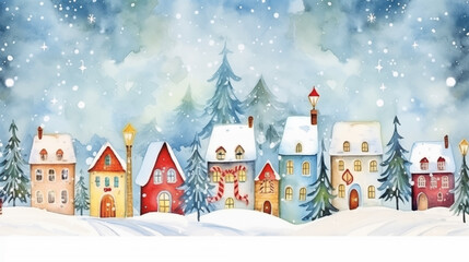 Winter landscape with Christmas houses. Christmas watercolor card