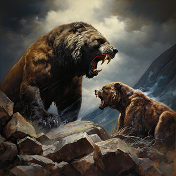 A dramatic encounter between a powerful grizzly bear and a swift, agile mountain lion in a rugged, rocky landscape