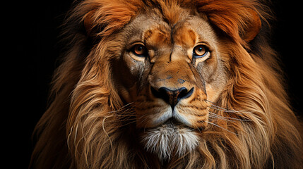 Portrait lion on the black. Detail face lion. Hight quality portrait lion. Portrait. generative ai