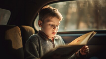 Young caucasian boy reading a book in the car. Boy reading a book on car trip.