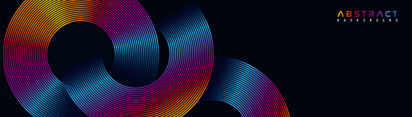 Abstract colorful geometric lines on dark blue background. Modern shiny color circle lines pattern.