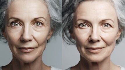 Beautiful 50s mid aged mature woman looking at camera. Side by side portrait of old woman.
