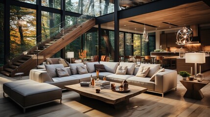 Interior design of a luxurious house. Modern home in the forest. Modern interior with a big couch.