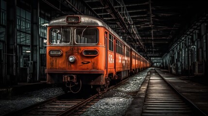 Obraz premium Old orange train with graffiti. Orange train on a railway. Graffiti on a train. Wallpaper design.