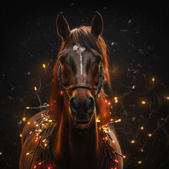 Naklejka premium Sceptical horse with christmas light