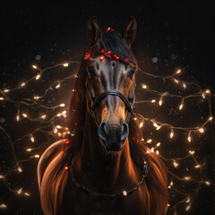 Sceptical horse with christmas light