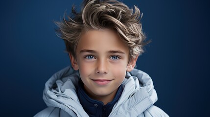Portrait of a young kid with blond hair and blue eyes. Caucasian boy smiling into camera. Cute boy.