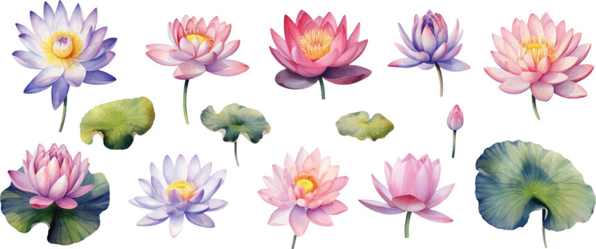 Set of light watercolor lily pads and lotus flowers isolated on white background.