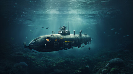 Small metal submarine in murky waters