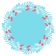 Fototapeta na wymiar Hand drawn vector illustration. Christmas card with round stylized mistletoe wreath with copy space for text