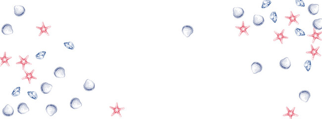 Blue Clam Background White Vector. Shell Tropical Texture. Decoration Design. Orange Oyster Creature Wallpaper.