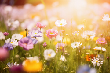 Colorful cosmos flower blooming in the garden with sunlight background.